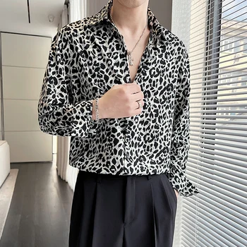 Мужская модная рубашка с леопардовым принтом, высококачественная рубашка с длинным рукавом, повседневная рубашка для вечеринок, сексуальные рубашки для социальных мужчин A07