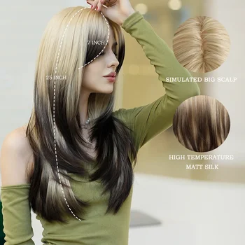 Новый градиентный синтетический парик с длинным, прямым, многослойным и модным париком светло-золотистого цвета, дышащий и натуральный Изображение 2