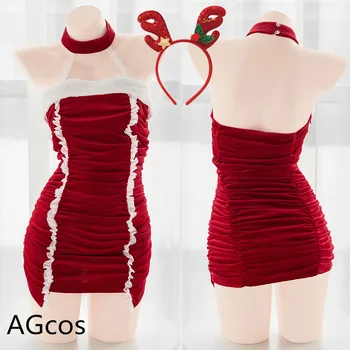 AGCOS Оригинальный Дизайн Складывает Рождественское Красное Обтягивающее Платье Косплей Костюм Женщины Сексуальный Косплей