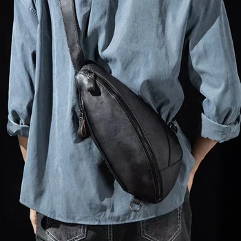 Мужская многофункциональная нагрудная сумка, повседневная сумка через плечо из мягкой воловьей кожи верхнего слоя, мужская оригинальная персонализированная кожаная сумка через плечо Изображение 2