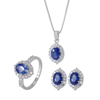 Роскошный комплект ювелирных изделий Lab Sapphire для женщин, трендовое ювелирное изделие из серебра 925 пробы с драгоценными камнями, женское обручальное ожерелье/серьги/кольцо