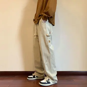 Мужская Корейская уличная одежда в стиле хип-хоп, винтажные мешковатые джинсы, модные длинные брюки Y2k, джинсовые брюки-карго, повседневные брюки H55 Изображение 2