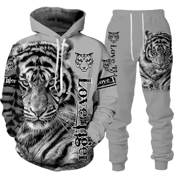 Новая толстовка с капюшоном и брюками с 3D принтом животного и тигра, классный мужской/женский спортивный костюм из 2 предметов, комплект осенне-зимней одежды