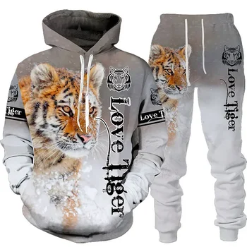 Новая толстовка с капюшоном и брюками с 3D принтом животного и тигра, классный мужской/женский спортивный костюм из 2 предметов, комплект осенне-зимней одежды Изображение 2