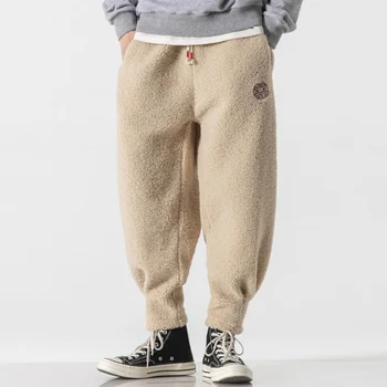 Зимние мужские теплые утепленные спортивные штаны, джоггеры, свободные повседневные спортивные брюки со средней талией, теплая флисовая верхняя одежда, брюки для мужчин Изображение 2