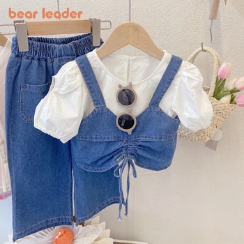 Комплект для девочек Bear Leader, 2023, Летняя Новая Рубашка с круглым вырезом и коротким рукавом + Джинсовая майка + Брюки, Модный Детский комплект из трех предметов