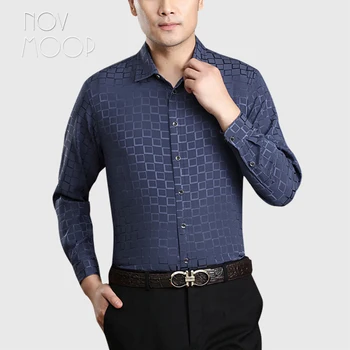 Мужская рубашка Novmoop из натурального шелка, спандекса и атласа, жаккардовый узор в клетку, стиль Smart casual, повседневная одежда, сорочка en soie LT3547 Изображение 2