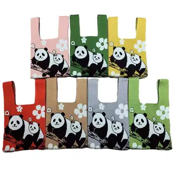 Симпатичная сумка ручной работы, модная панда, вместительная сумка на запястье с узлом, вязаная сумка ручной работы, студенческая сумка-тоут Изображение 2