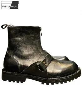 Новые дизайнерские мужские винтажные ботильоны из натуральной воловьей кожи на толстой платформе с высоким берцем, рабочая защитная обувь, Мото-байкерские ботинки для верховой езды