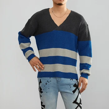 Мужской винтажный свитер оверсайз в цветную полоску, вязаный пуловер с длинным рукавом, джемпер, свитера унисекс с круглым вырезом Изображение 2