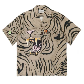 Мужские рубашки с тигровым свободным повседневным кубинским вырезом, рубашки WACKO MARIA для пляжного отдыха, мужские Женские Внутренние этикетки Изображение 2