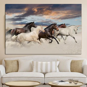 Европейские бегущие лошади, Пейзаж с животными, картина на холсте, настенное искусство, принт и плакат, современное украшение дома без рамы