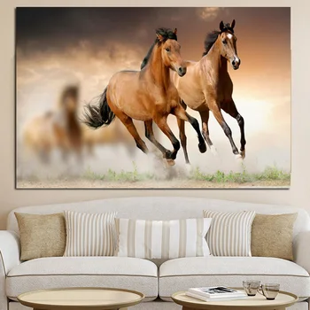 Европейские бегущие лошади, Пейзаж с животными, картина на холсте, настенное искусство, принт и плакат, современное украшение дома без рамы Изображение 2