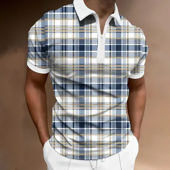 Мужская весенне-летняя модная футболка с отворотом и принтом на молнии с коротким рукавом, уличный винтажный фитнес-топ Изображение 2