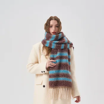 Осень-зима 2023, новый мягкий женский шарф в радужную контрастную полоску в радужную полоску, универсальная атмосфера, теплая и ветрозащитная шаль с утолщенной шеей Изображение 2