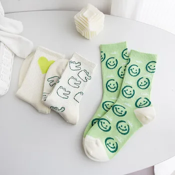 Милые женские носки для мужчин, Корейские хлопковые простые Теплые Зимние носки с зеленым лицом, Японские повседневные Спортивные Женские носки до середины икры