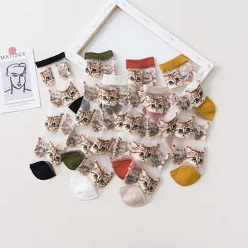 Женские Прозрачные носки с милыми кошками Корейские модные Женские Летние Носки из тонкого хрустального шелка JapaneseTrendy Kawaii Носки из стекловолокна