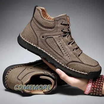 Модные классические осенне-зимние ботинки из искусственной кожи для мужчин, уличная обувь, теплые ботинки ручной работы в стиле ретро, кроссовки для отдыха, круглые черные