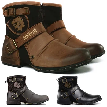 Зимняя модная мужская обувь, теплые кожаные винтажные мотоциклетные мужские ботинки для верховой езды в стиле Ретро 2023, Металлические молнии, мужская обувь