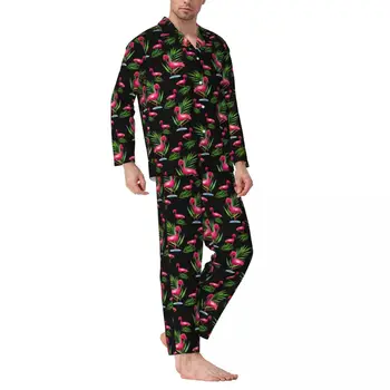 Пижамы Мужские Розовые с фламинго, пижамы для отдыха, Зеленые Пальмовые листья, 2 предмета, ретро пижамные комплекты с длинным рукавом, Прекрасный Домашний костюм Оверсайз
