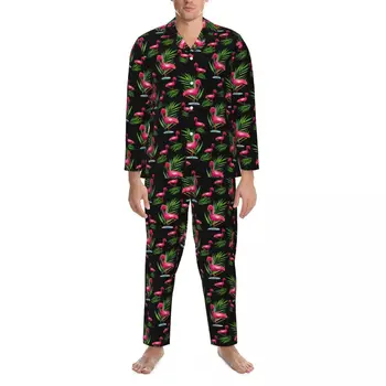 Пижамы Мужские Розовые с фламинго, пижамы для отдыха, Зеленые Пальмовые листья, 2 предмета, ретро пижамные комплекты с длинным рукавом, Прекрасный Домашний костюм Оверсайз Изображение 2