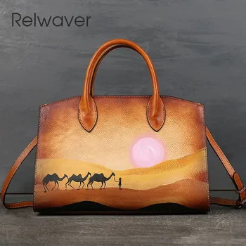 Relwaver, женские сумки из натуральной кожи большой емкости, осень-зима 2023, ручная роспись, сумка для поездок на работу, женская сумка для рук Изображение 2