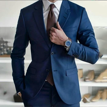 Красивые темно-синие костюмы для мужчин, официальный деловой блейзер, свадебный смокинг жениха, приталенный комплект из 2 предметов, куртка, брюки, костюм Homme