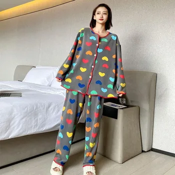 Женская пижама 2024 из тонкого бархата больших размеров, вес 2-300 фунтов, осенне-зимняя пижама, повседневный комплект домашней одежды, свободная одежда для отдыха с круглым воротником