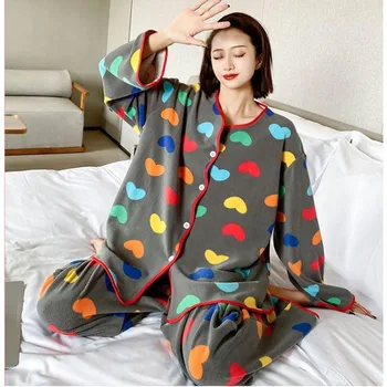 Женская пижама 2024 из тонкого бархата больших размеров, вес 2-300 фунтов, осенне-зимняя пижама, повседневный комплект домашней одежды, свободная одежда для отдыха с круглым воротником Изображение 2