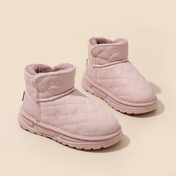 Зимние теплые зимние ботинки с плюшевой подкладкой для мальчиков и девочек, нескользящие зимние ботинки на плоской подошве, водонепроницаемые уличные прочные меховые зимние ботинки для детей