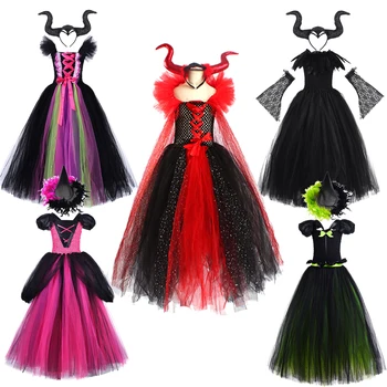 Длинные платья Ведьмы для девочек на Хэллоуин, черные костюмы для косплея Злой Королевы, Детское карнавальное сетчатое платье-пачка