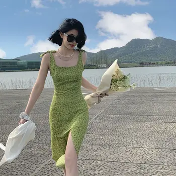 2023 Зеленое платье с цветочным рисунком, французское освежающее великодушное ретро-платье на бретелях, прикрывающее живот, Тонкое летнее Y2K Изображение 2