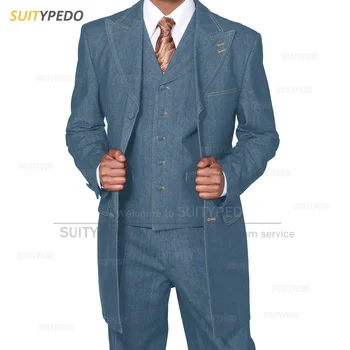 Классический синий длинный джинсовый мужской костюм, комплект для вечерней вечеринки, Повседневные костюмы для выпускного вечера, модный Блейзер, жилет, брюки, 3 предмета, изготовленные на заказ Наряды
