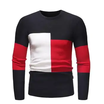 Мужской приталенный свитер, стильный мужской свитер с цветными блоками, вязаный приталенный Мягкий теплый пуловер для осенне-зимних мужчин контрастного цвета Изображение 2