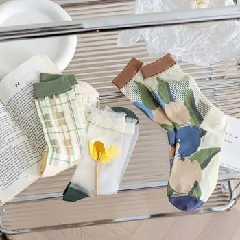 Летние ретро креативные носки Lolita JK Fashion Crystal Silk, Женские носки Harajuku, Чулочно-носочные изделия со средней трубкой