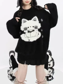 Женский свитер с рисунком кота ADAgirl Kawaii, Женский пуловер с длинными рукавами и кашемировым принтом Котенка, Черная зимняя одежда E-girl Оверсайз.