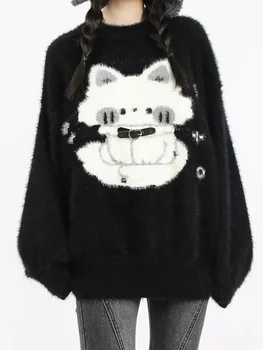 Женский свитер с рисунком кота ADAgirl Kawaii, Женский пуловер с длинными рукавами и кашемировым принтом Котенка, Черная зимняя одежда E-girl Оверсайз. Изображение 2