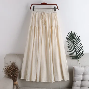 Льняная хлопчатобумажная плиссированная юбка, женские длинные юбки с эластичным шнурком и высокой талией, повседневная пляжная юбка в стиле Бохо, черно-белая юбка трапециевидной формы 2023 г.