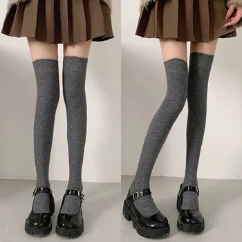 Новые носки для девочек, женские Корейские однотонные носки с рукавами до колена, Японские универсальные Черно-белые серые носки, длинные носки