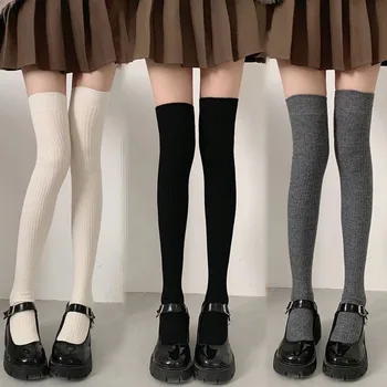 Новые носки для девочек, женские Корейские однотонные носки с рукавами до колена, Японские универсальные Черно-белые серые носки, длинные носки Изображение 2