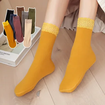Зимние носки Женские теплые носки для пола средней толщины, мягкие шерстяные кашемировые зимние ботинки, бархатное кружево, Harajuku, сплошной цвет