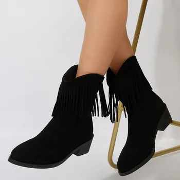 В продаже женская обувь 2023 года, новые женские ботинки с рукавами, зимние замшевые, из плотного флиса, сохраняющие тепло, короткие сапоги на массивном каблуке с кисточками Изображение 2