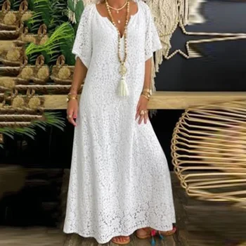 Модное женское кружевное платье Макси с вышивкой и V образным вырезом Элегантное повседневное праздничное пляжное платье со средней талией Летнее Женское вечернее платье