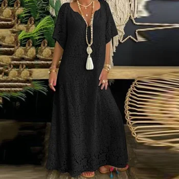 Модное женское кружевное платье Макси с вышивкой и V образным вырезом Элегантное повседневное праздничное пляжное платье со средней талией Летнее Женское вечернее платье Изображение 2