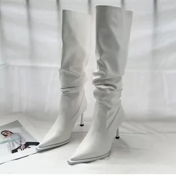 Женская обувь 2023, Высококачественные женские ботинки без застежки, Модные Плиссированные офисные и карьерные Пикантные сапоги до колена с острым носком, Zapatos Изображение 2
