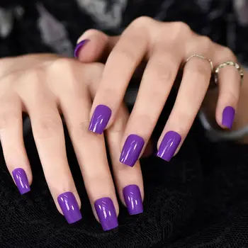 Глянцевый ярко-фиолетовый рисунок на ногтях средней длины, квадратные Многоразовые акриловые блестки, накладные кончики для дизайна ногтей, накладные ногти.