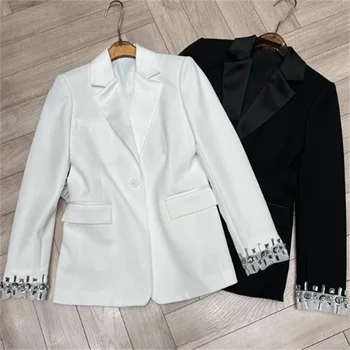 Белый бриллиантовый пиджак OL для женщин с плечевой подушкой, блейзер feminino elegante