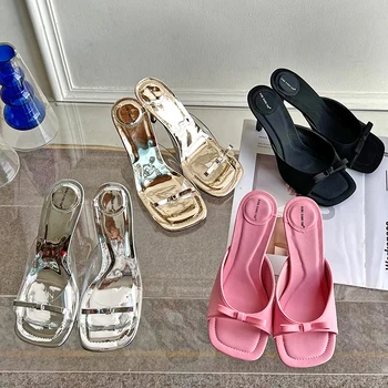 Женские туфли-лодочки с квадратным носком, женская обувь на тонком высоком каблуке, тапочки 2023 года, летние модные женские босоножки с узлом бабочки, Шлепанцы, Обувь Изображение 2