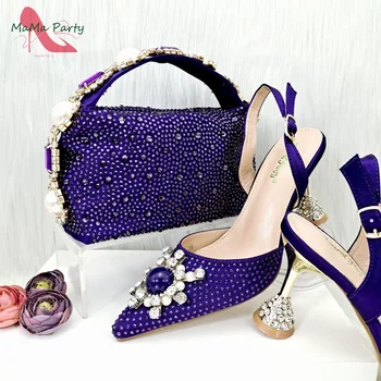 2024 года, высококачественные итальянские дизайнерские туфли-лодочки с острым носком, сумочка темно-фиолетового цвета в тон для свадьбы