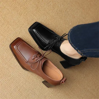 Новинка весны, женская обувь из натуральной кожи, женские туфли-лодочки с квадратным носком во французском ретро стиле, женские лоферы на высоком каблуке, женская обувь Изображение 2